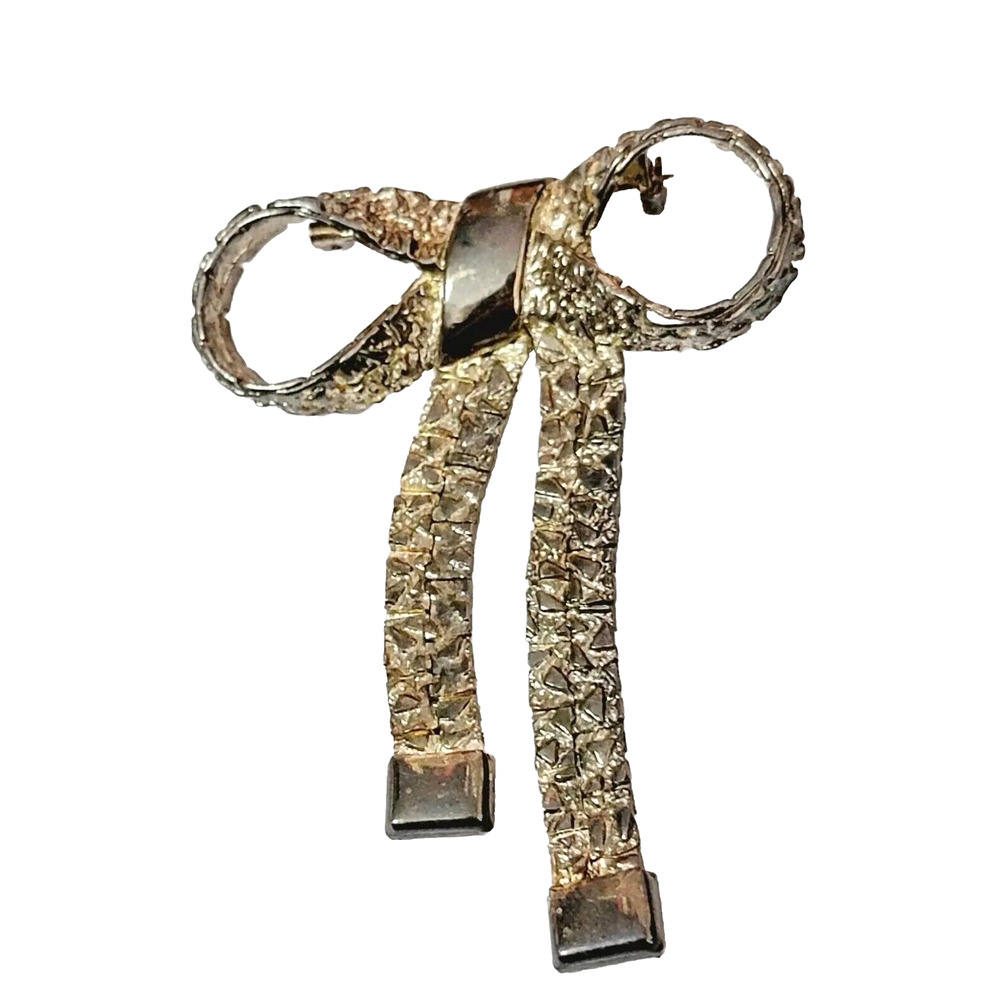 Vintage Nugget Bow Brooch Pin Large 3” Brass Tone‎ Aged Patina Mid Century go-14